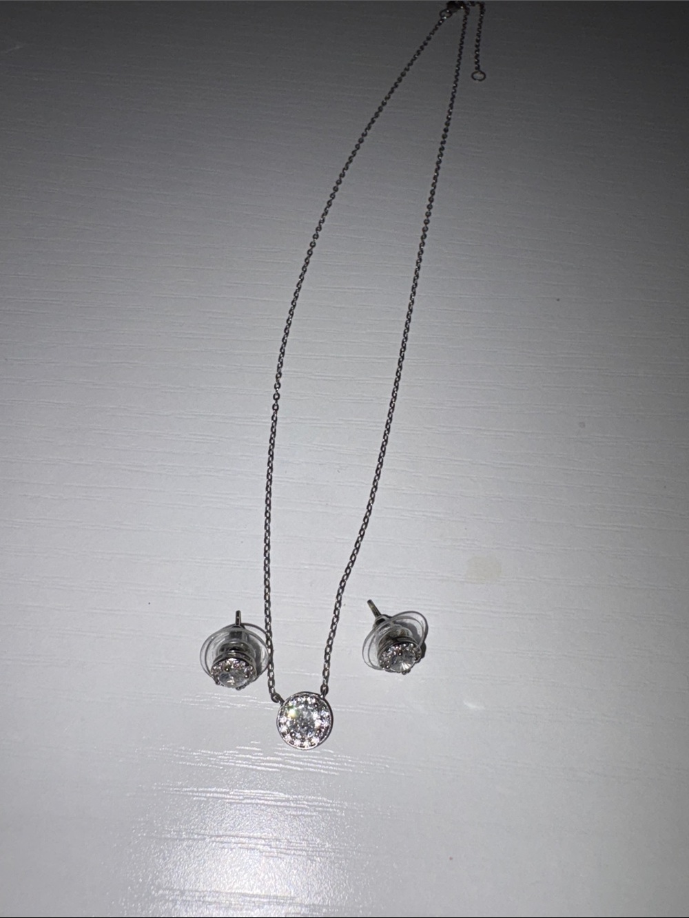 Sterling Silver Round Cubic Zirconia Necklace and Stud Earrings Set - Silver